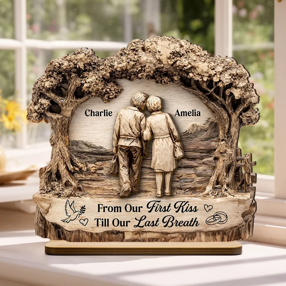 Personalized 2-Layer Wooden Plaque with Walking Couple Under Trees Romantic Unique Gift for Husband or Wife