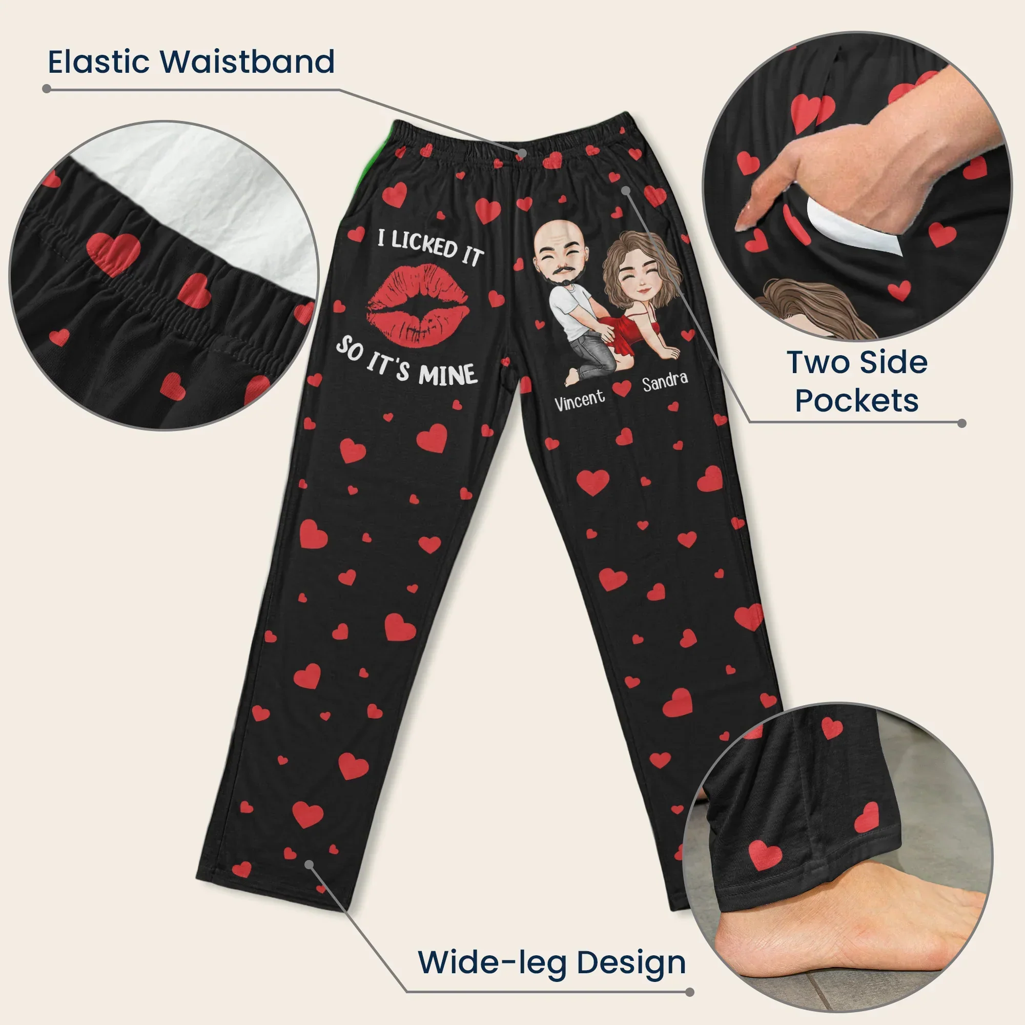 Printed Lounge Pants Personalized I Licked It So It's Mine Love Quote Cute Gift for Couples Funny Valentines Gift - Image 4