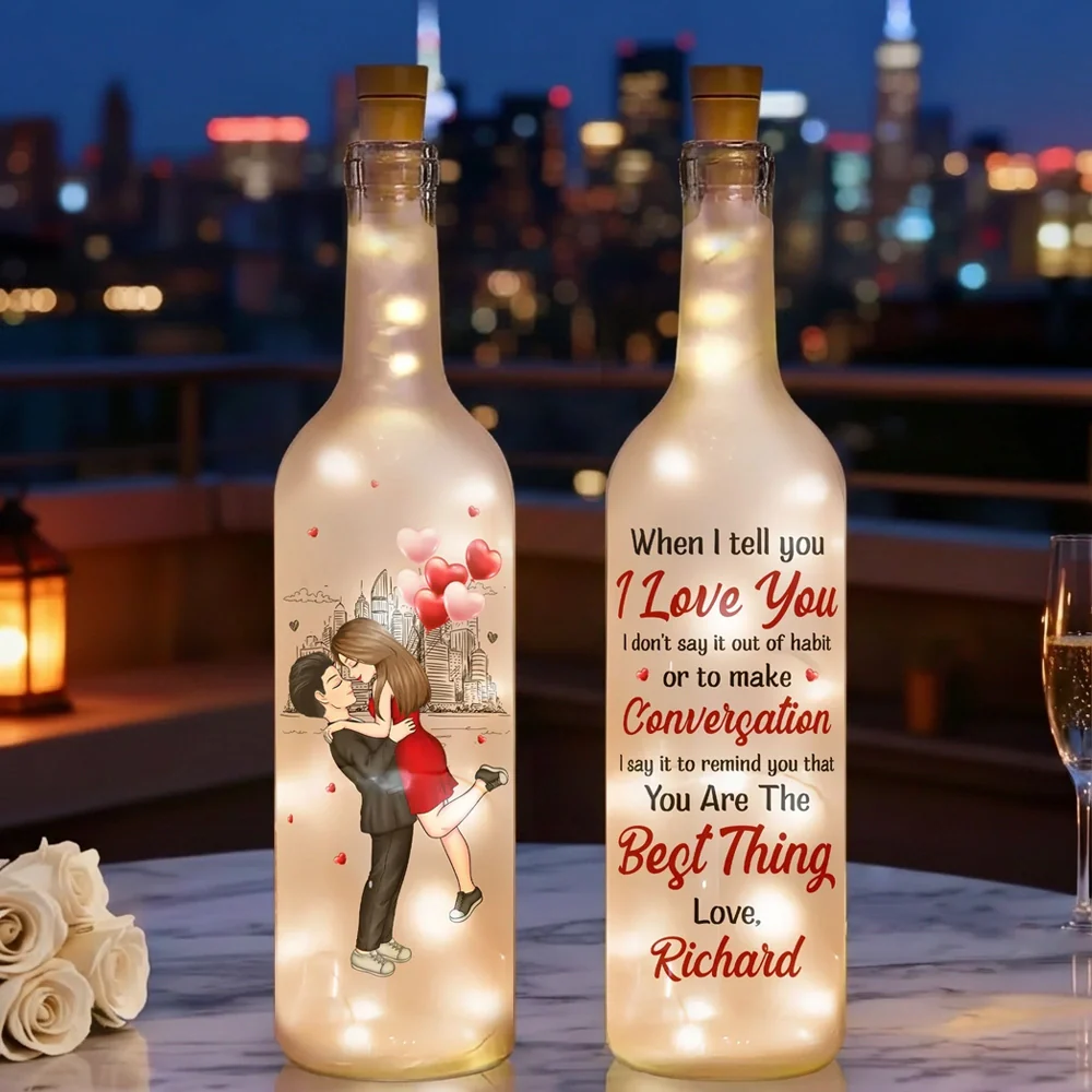 Personalized Bottle Lamp With Romantic Love Quote, Kissing Couple City Sketch, Warm Glow Bedroom Decor, Unique Gift for Her