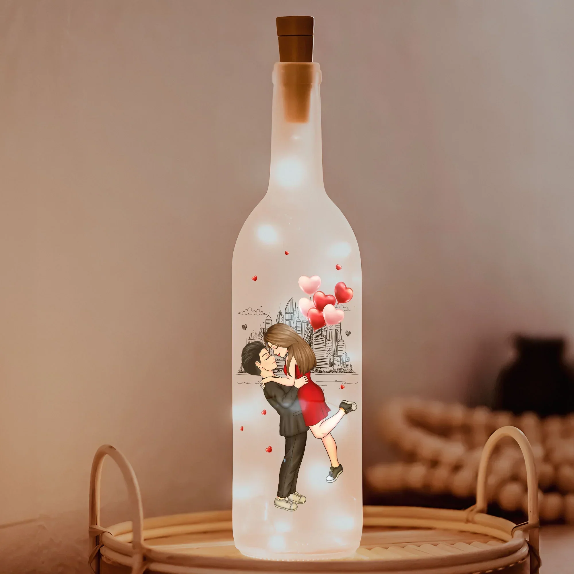 Personalized Bottle Lamp With Romantic Love Quote, Kissing Couple City Sketch, Warm Glow Bedroom Decor, Unique Gift for Her - Image 3
