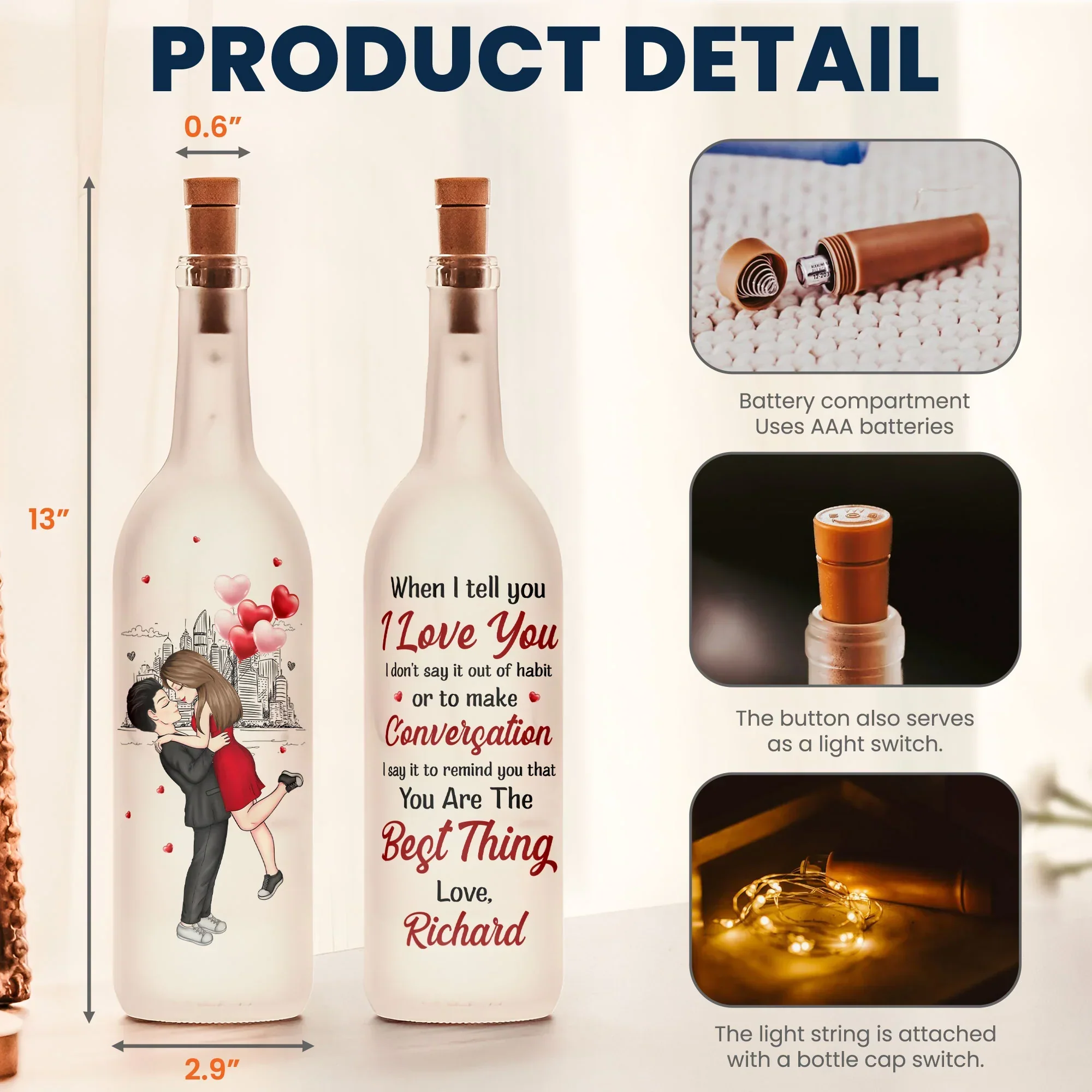 Personalized Bottle Lamp With Romantic Love Quote, Kissing Couple City Sketch, Warm Glow Bedroom Decor, Unique Gift for Her - Image 5