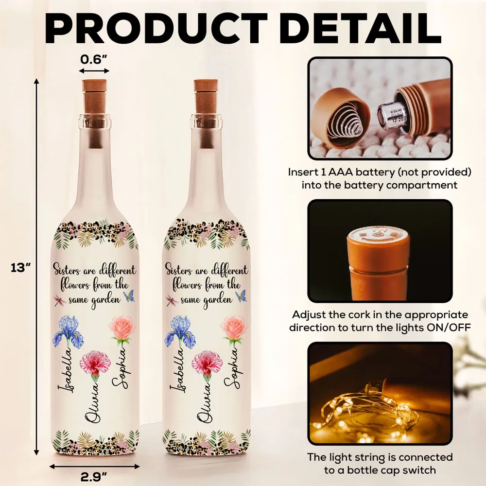 Sisters Are Different Flowers Bottle Lamp, Personalized Floral Bottle Lamp for Cozy Ambient Light, Thoughtful Gift for Sister - Image 6