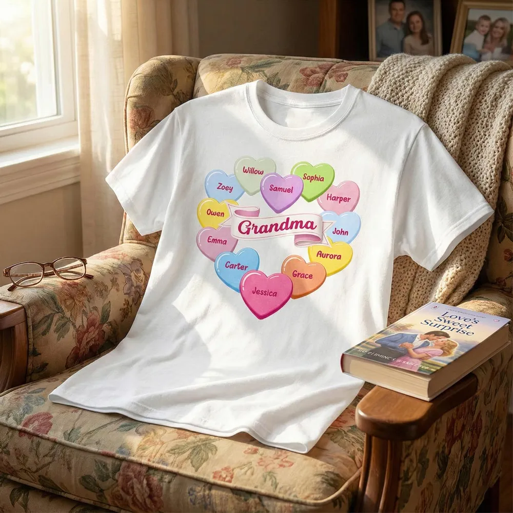 Personalized Grandma Classic Tee, Candy Heart Names Design for Valentine's Day, Unique Gift for Grandma - Image 3
