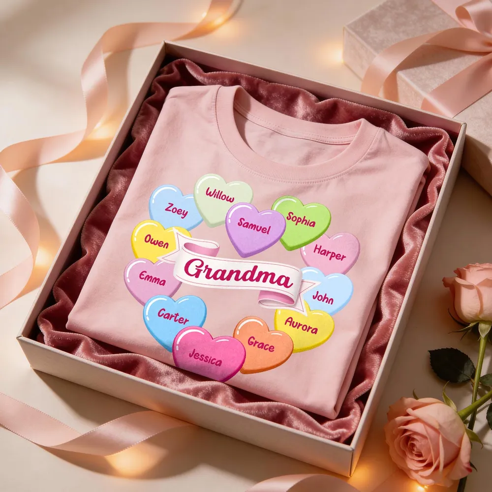 Personalized Grandma Classic Tee, Candy Heart Names Design for Valentine's Day, Unique Gift for Grandma - Image 4