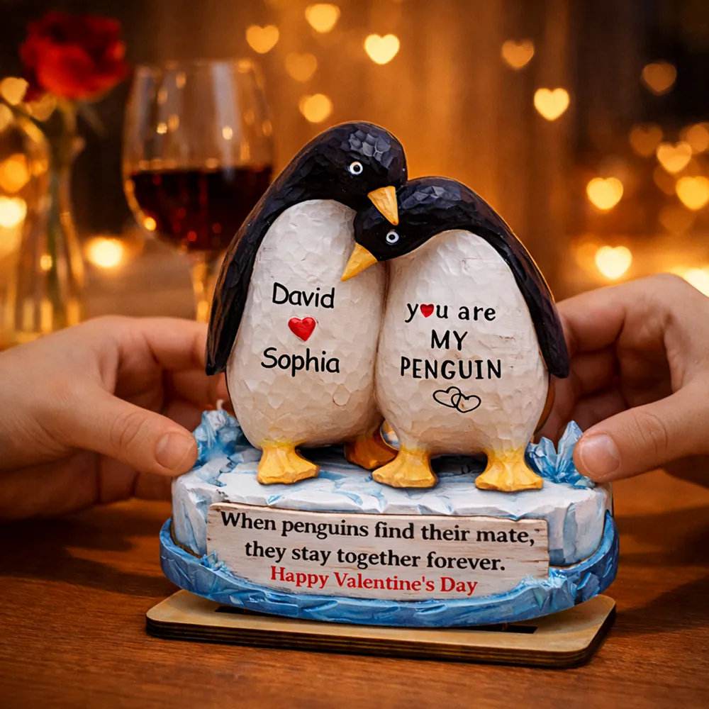Personalized 2-Layer Wooden Plaque Penguin Couple Hugging for Valentine's Day, a Unique Romantic Gift for Him or Her - Image 2