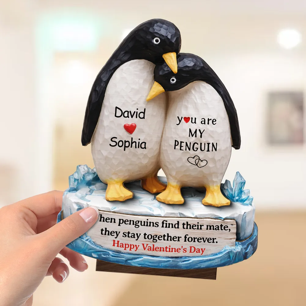 Personalized 2-Layer Wooden Plaque Penguin Couple Hugging for Valentine's Day, a Unique Romantic Gift for Him or Her - Image 3