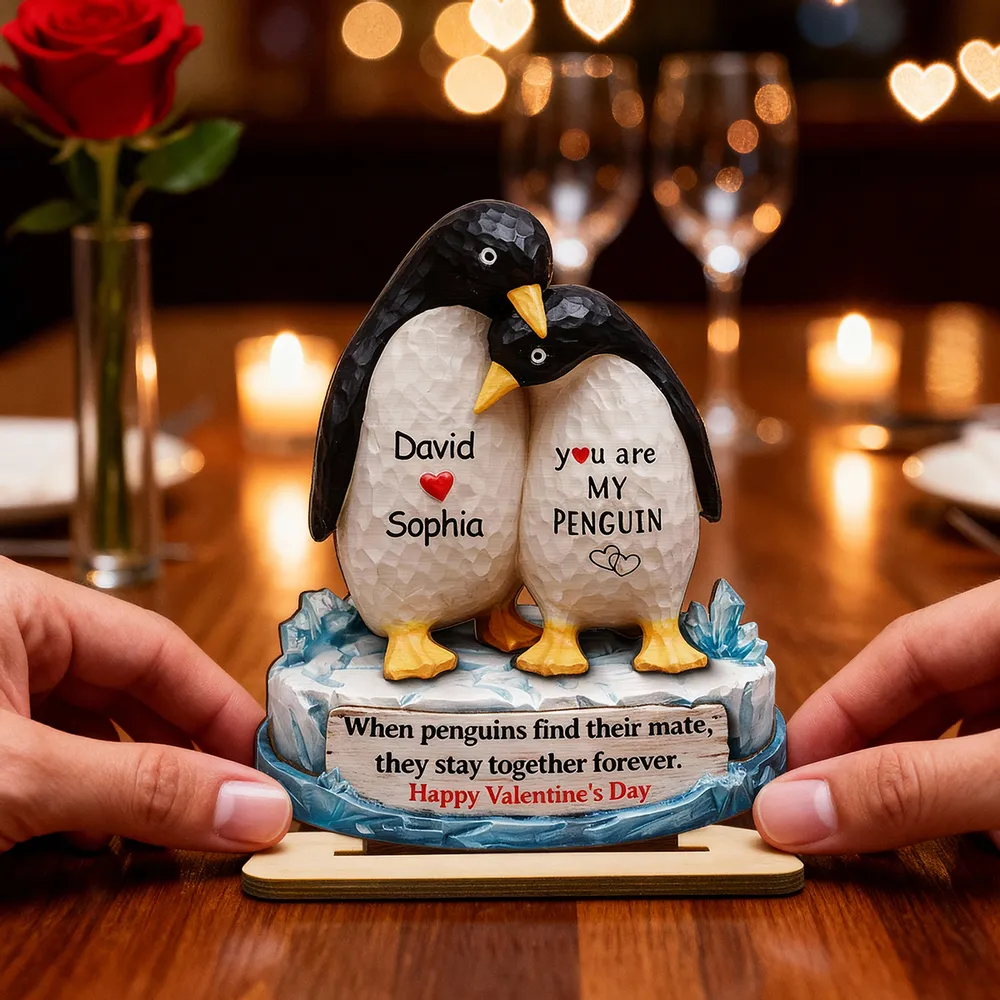 Personalized 2-Layer Wooden Plaque Penguin Couple Hugging for Valentine's Day, a Unique Romantic Gift for Him or Her - Image 6