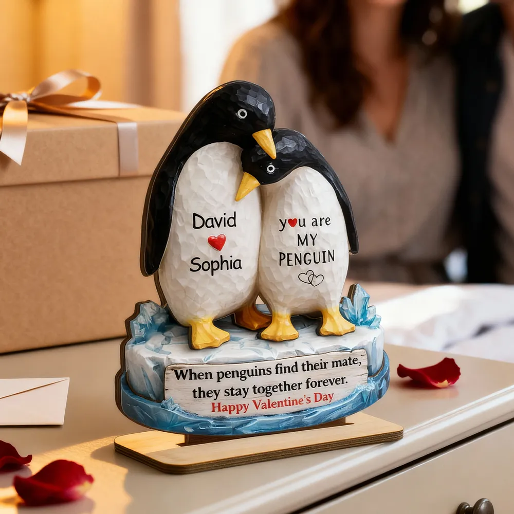 Personalized 2-Layer Wooden Plaque Penguin Couple Hugging for Valentine's Day, a Unique Romantic Gift for Him or Her - Image 7