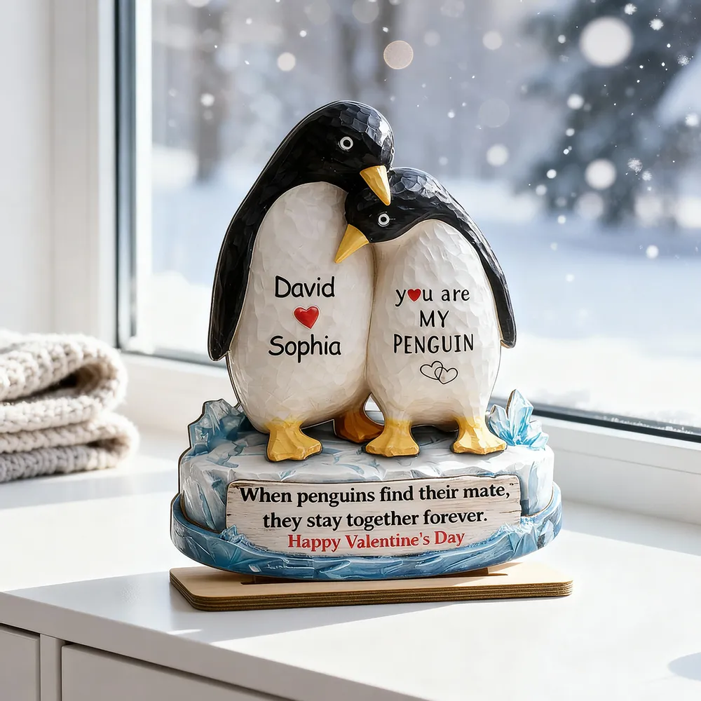 Personalized 2-Layer Wooden Plaque Penguin Couple Hugging for Valentine's Day, a Unique Romantic Gift for Him or Her - Image 9
