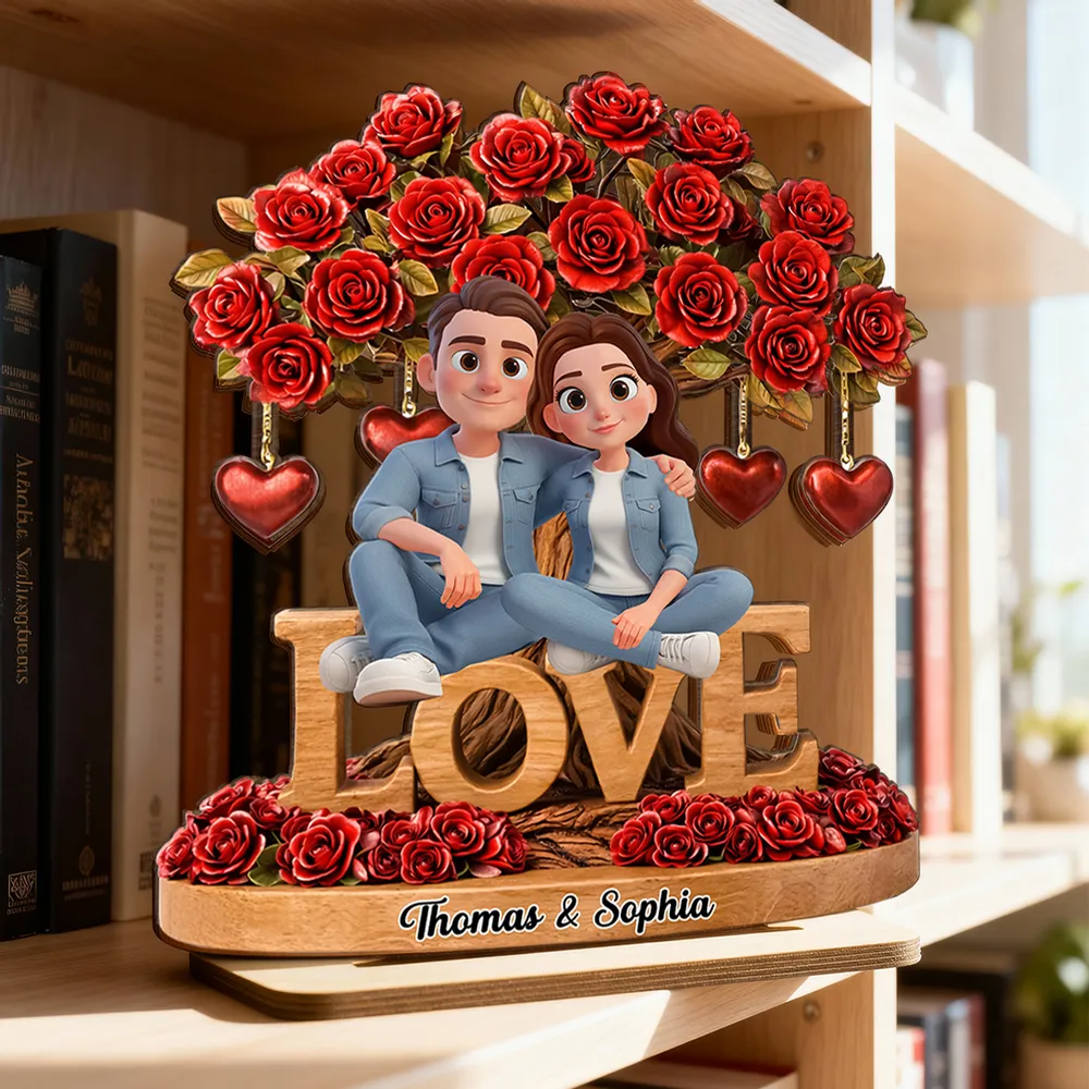 Personalized 2-Layer Wooden Plaque Couple on LOVE Bench with Rose Tree and Hearts, Unique Valentine's Day Gift - Image 3