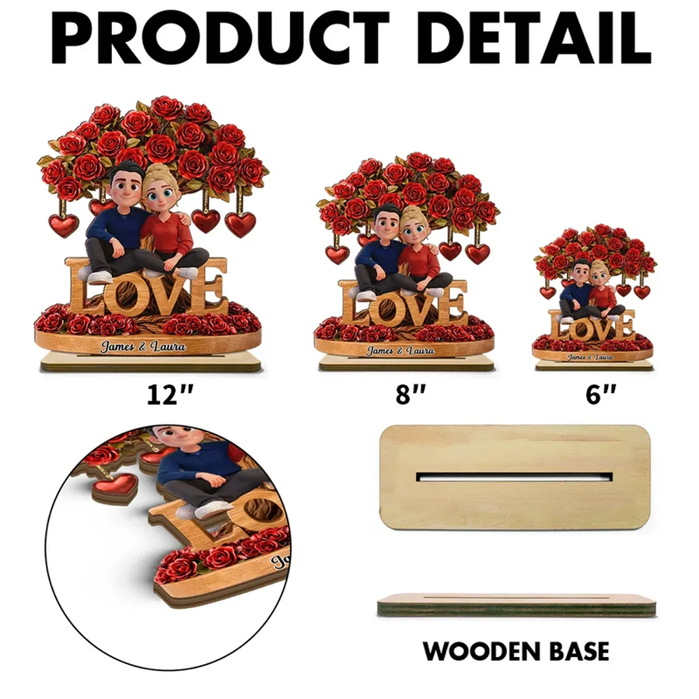 Personalized 2-Layer Wooden Plaque Couple on LOVE Bench with Rose Tree and Hearts, Unique Valentine's Day Gift - Image 4