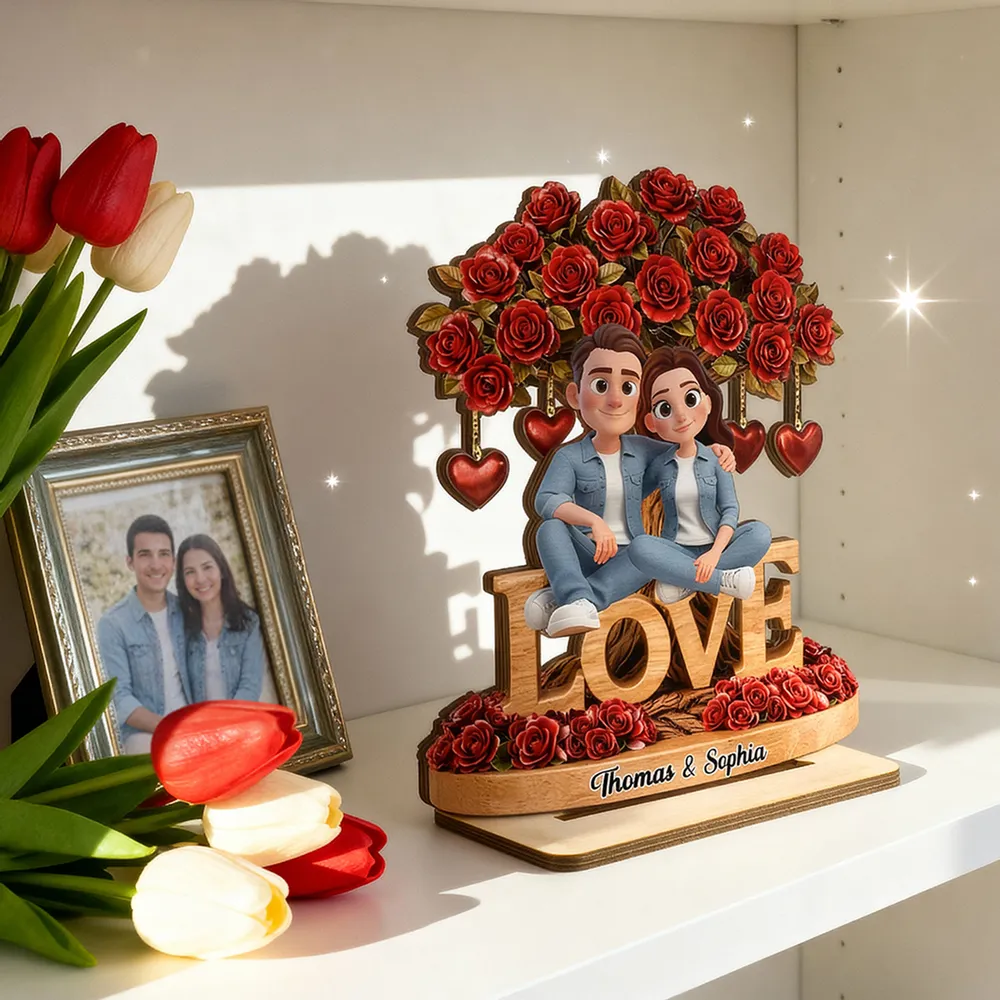 Personalized 2-Layer Wooden Plaque Couple on LOVE Bench with Rose Tree and Hearts, Unique Valentine's Day Gift - Image 7