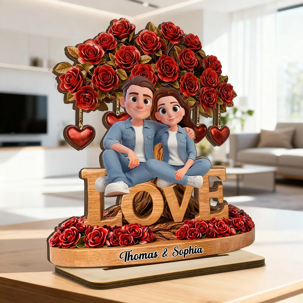 Personalized 2-Layer Wooden Plaque Couple on LOVE Bench with Rose Tree and Hearts, Unique Valentine's Day Gift - Image 8