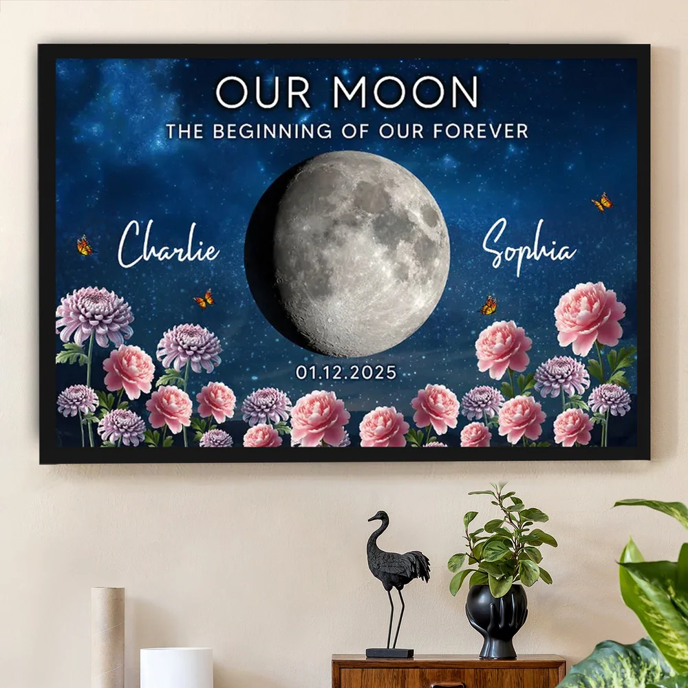 Personalized Our Moon Starry Sky Floral Poster, Custom Couple Keepsake Wall Art, Unique Romantic Gift