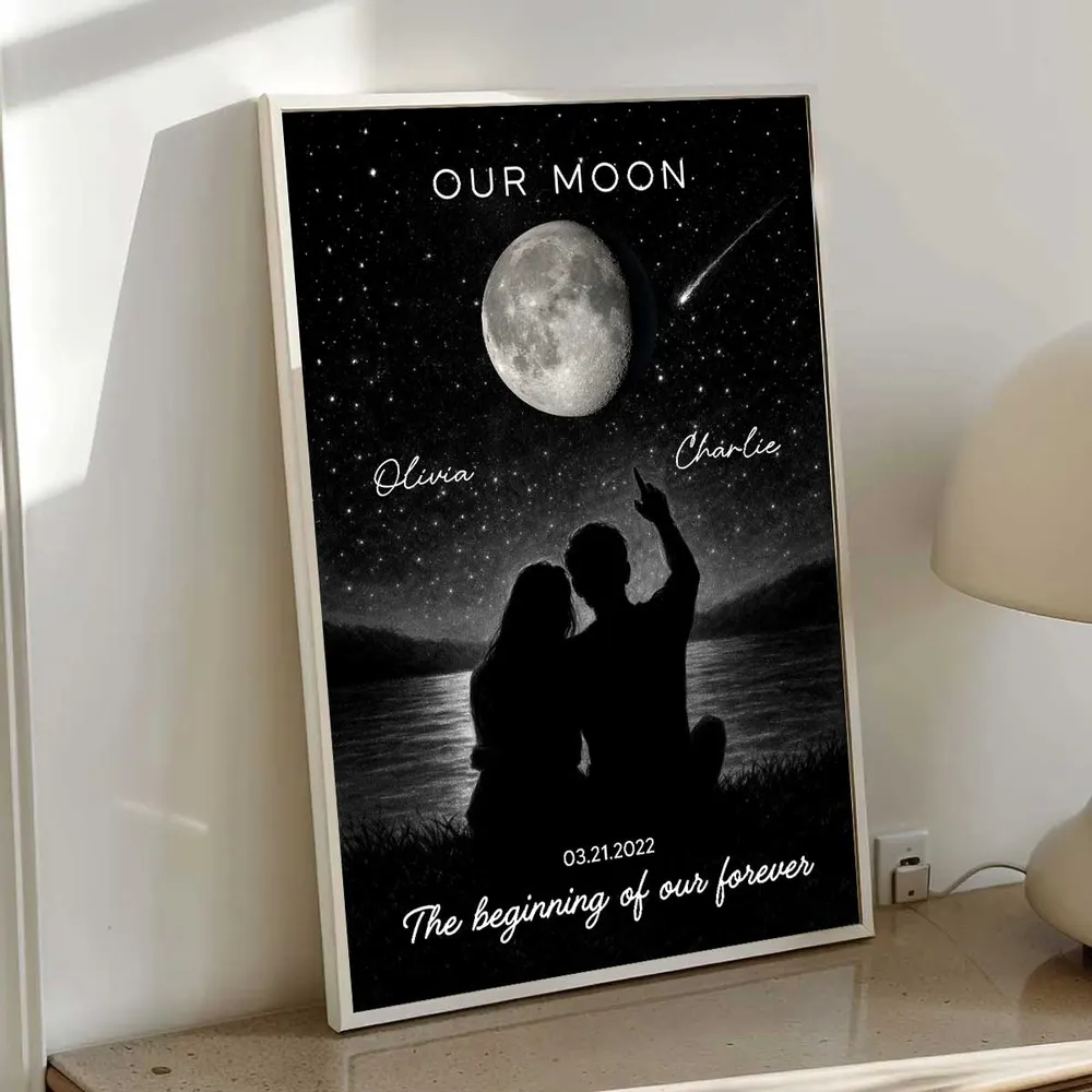 Personalized Moon Night Sky Couple Poster, Romantic Lakeside Silhouette Wall Art, Unique Gift For Couple - Image 3
