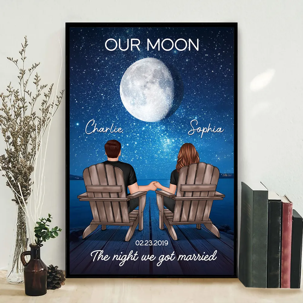 Personalized Moon Poster, Couple Holding Hands by the Ocean at Night, Unique Romantic Gift for Her or Him