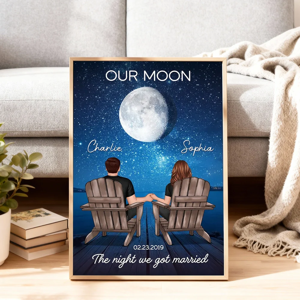 Personalized Moon Poster, Couple Holding Hands by the Ocean at Night, Unique Romantic Gift for Her or Him - Image 2