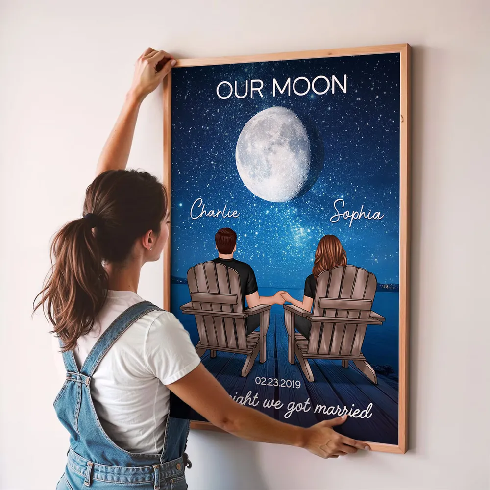 Personalized Moon Poster, Couple Holding Hands by the Ocean at Night, Unique Romantic Gift for Her or Him - Image 5