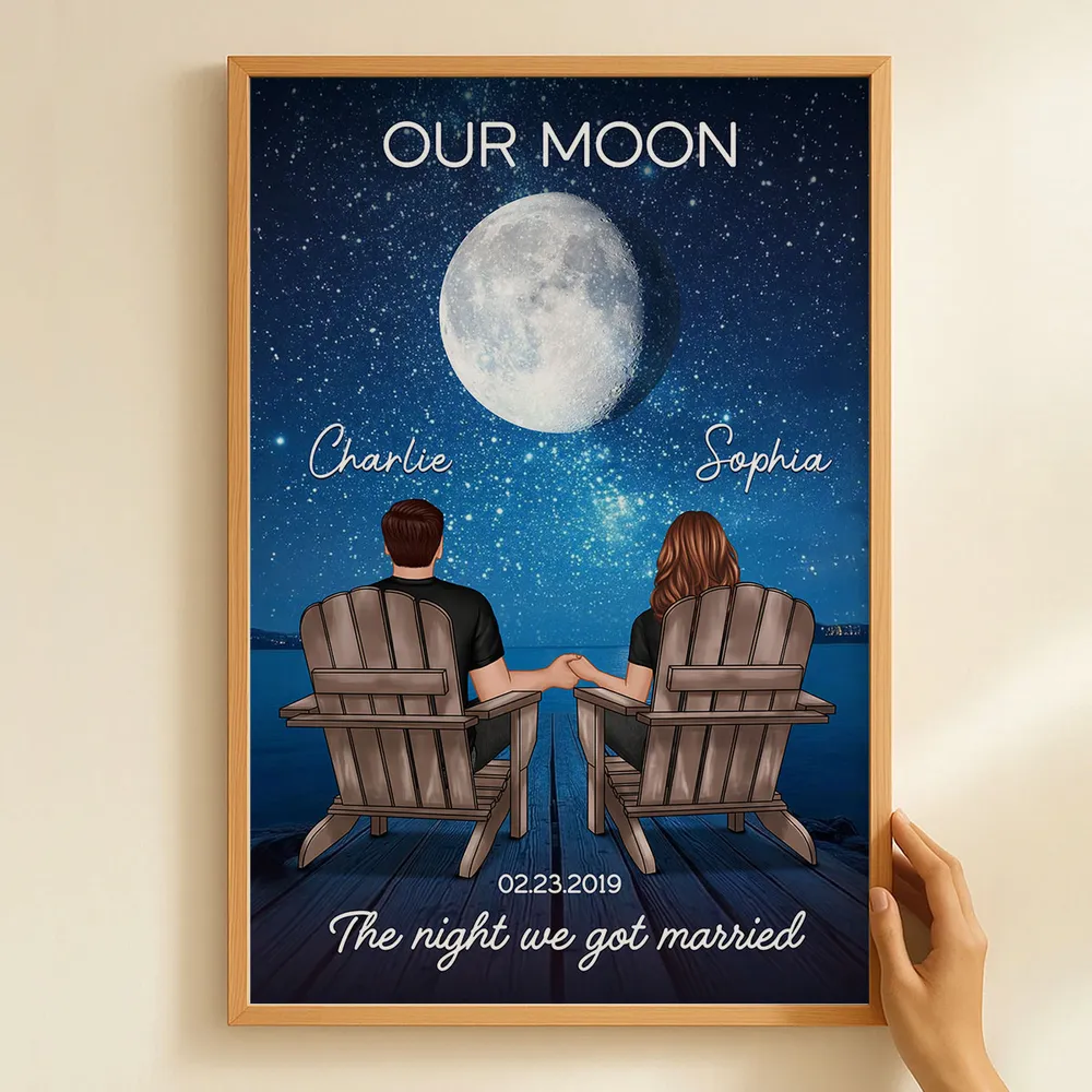 Personalized Moon Poster, Couple Holding Hands by the Ocean at Night, Unique Romantic Gift for Her or Him - Image 6
