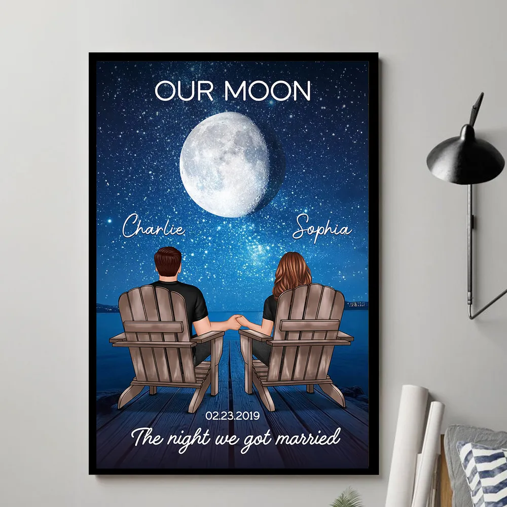 Personalized Moon Poster, Couple Holding Hands by the Ocean at Night, Unique Romantic Gift for Her or Him - Image 7