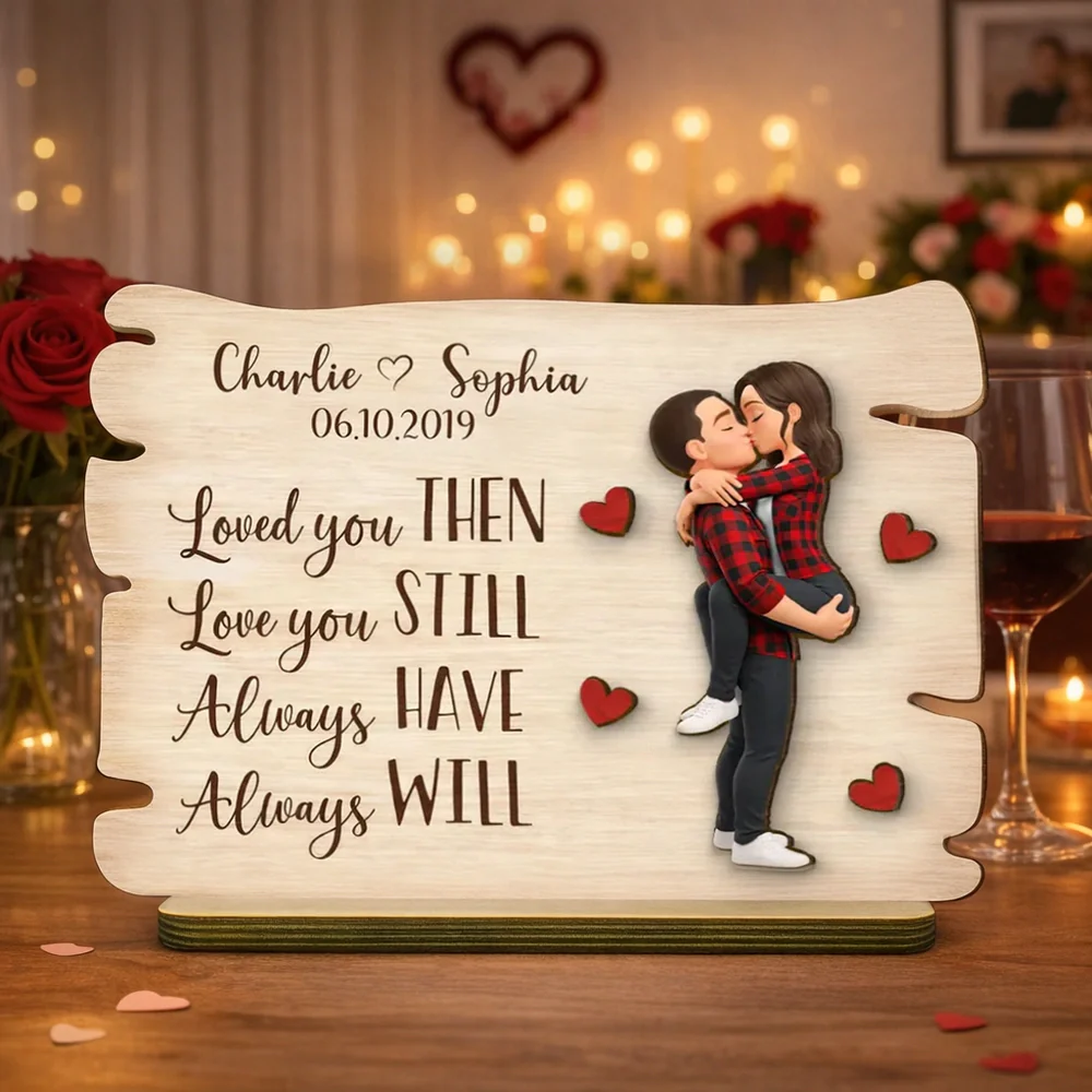 Personalized 2-Layer Wooden Plaque with Kissing Couple and Heart Accents, Romantic Table Decor, Unique Gift for Couple