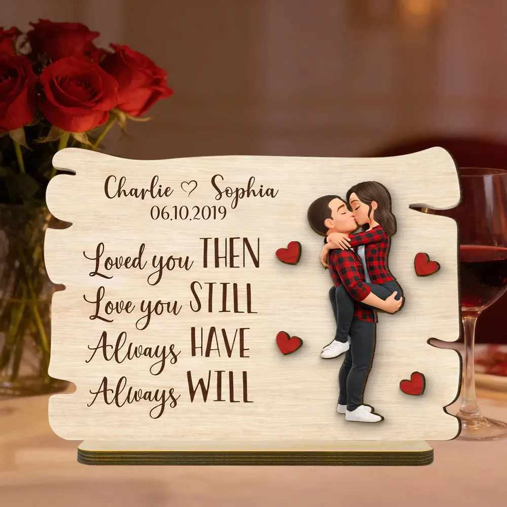 Personalized 2-Layer Wooden Plaque with Kissing Couple and Heart Accents, Romantic Table Decor, Unique Gift for Couple - Image 2