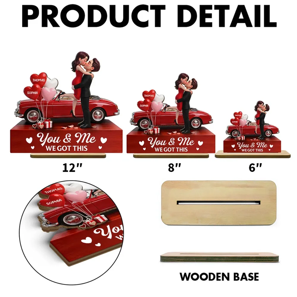 Personalized 2-Layer Wooden Plaque Couple Hugging by a Red Car, You & Me We Got This, Unique Valentine's Day Gift - Image 4