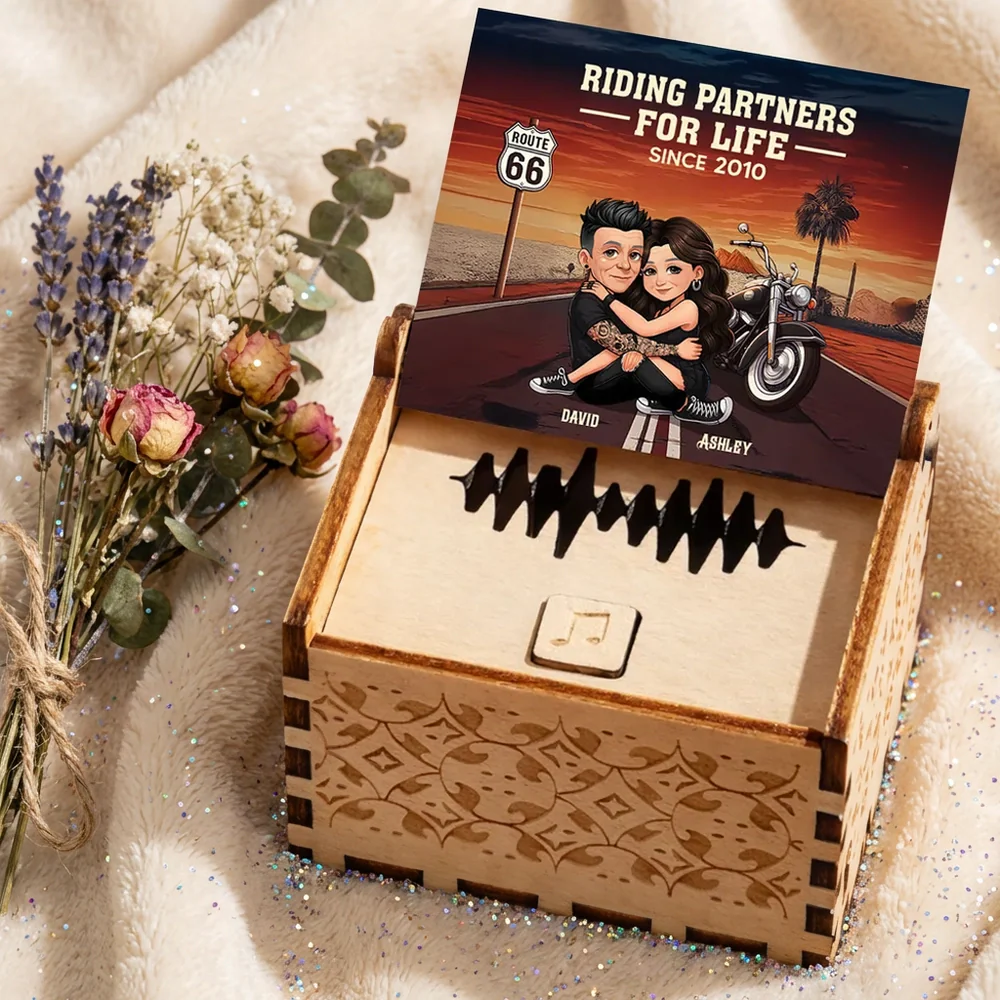 Personalized Wooden Music Box, Riding Partners For Life Couple Hugging by Motorcycle Sunset, Unique Gift for Husband or Wife