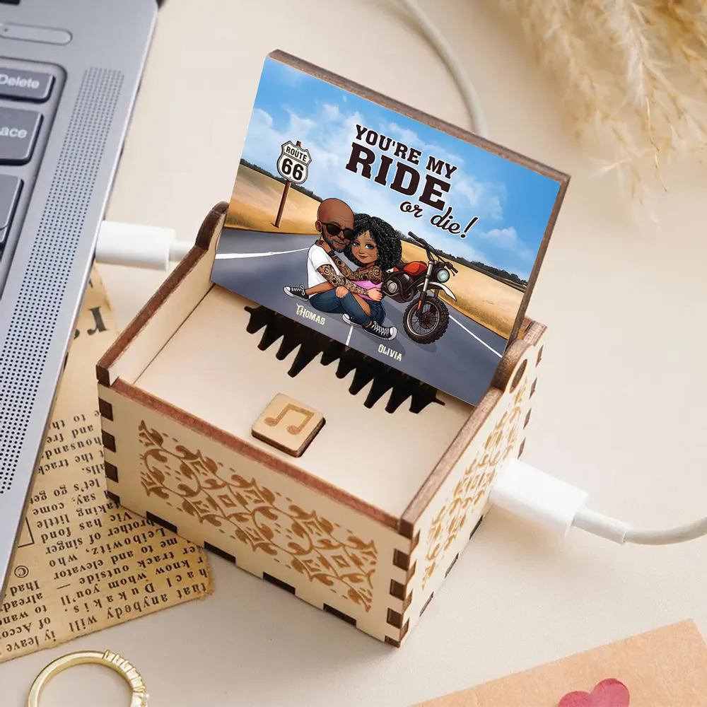 Personalized Wooden Music Box, Riding Partners For Life Couple Hugging by Motorcycle Sunset, Unique Gift for Husband or Wife - Image 10