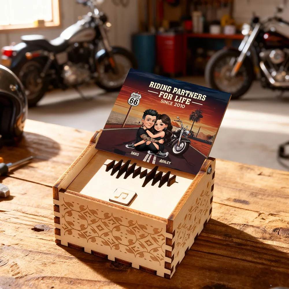 Personalized Wooden Music Box, Riding Partners For Life Couple Hugging by Motorcycle Sunset, Unique Gift for Husband or Wife - Image 3