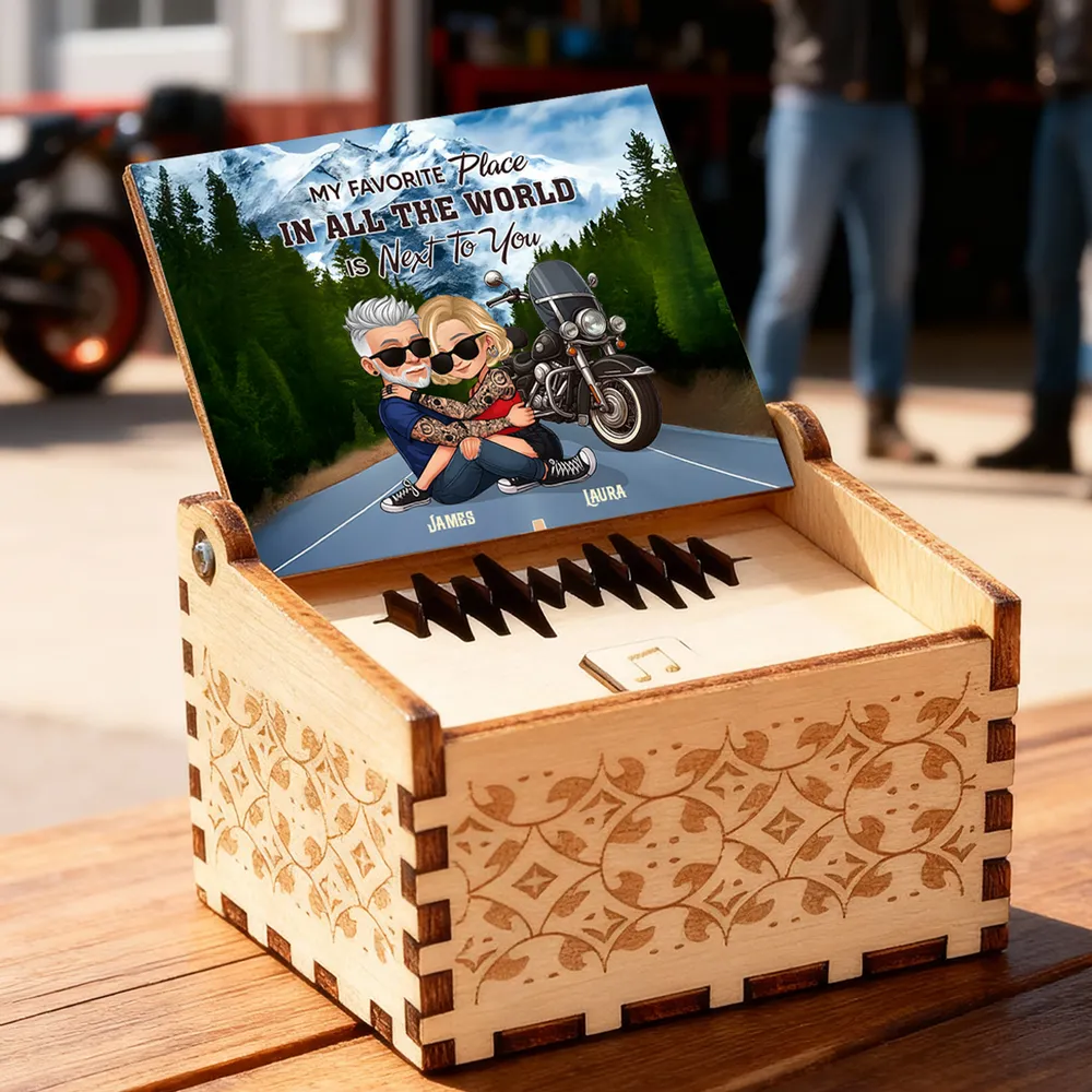 Personalized Wooden Music Box, Riding Partners For Life Couple Hugging by Motorcycle Sunset, Unique Gift for Husband or Wife - Image 6
