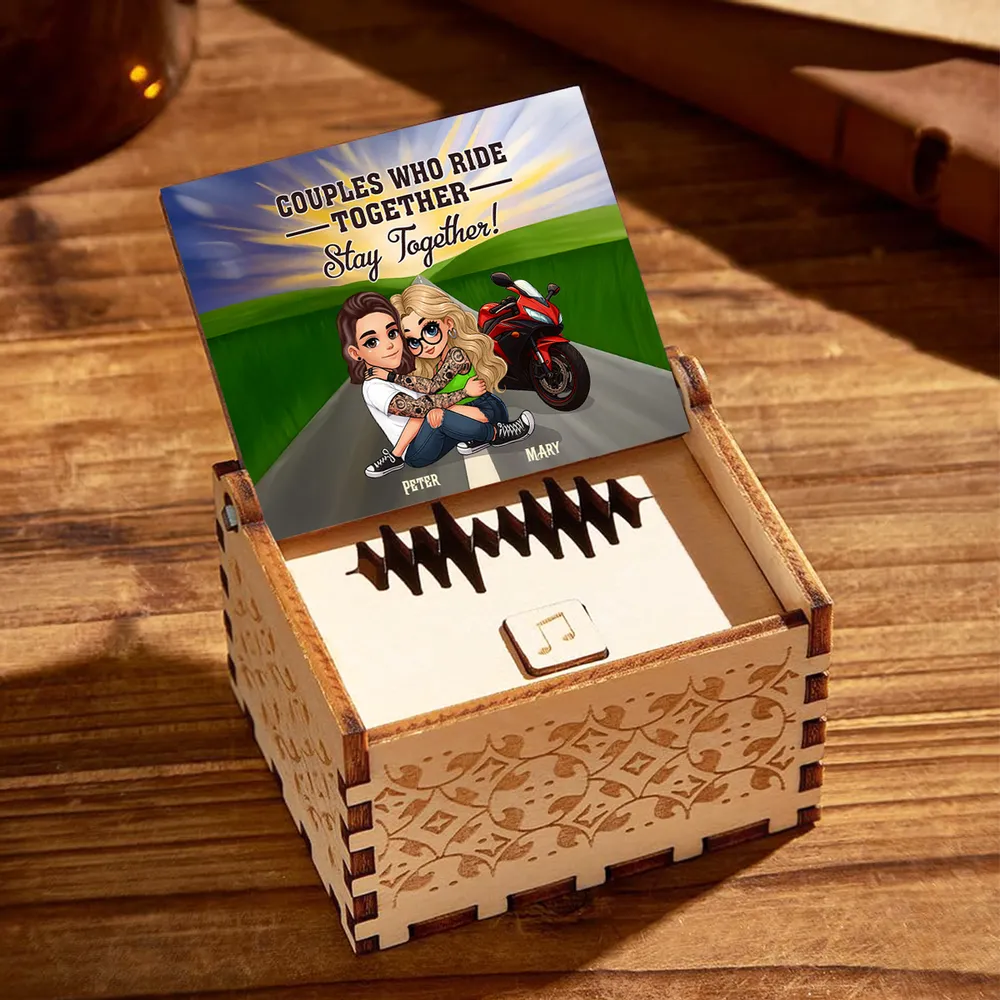 Personalized Wooden Music Box, Riding Partners For Life Couple Hugging by Motorcycle Sunset, Unique Gift for Husband or Wife - Image 7