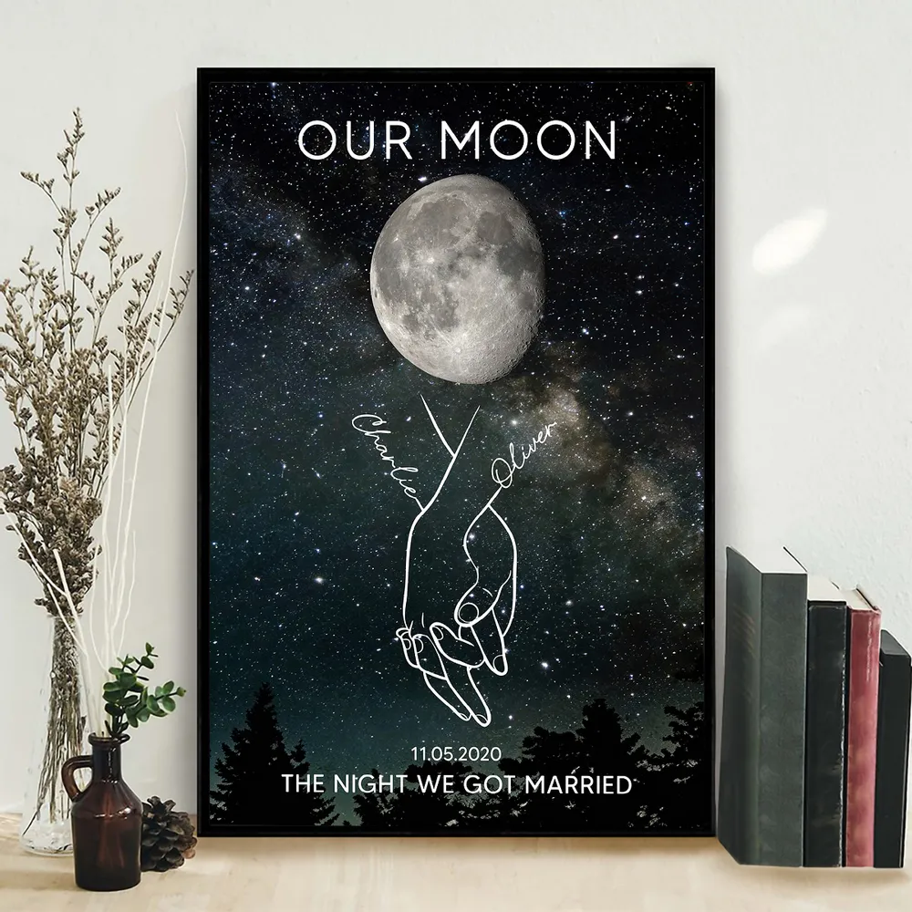 Personalized Moon Phase Poster, Couple Holding Hands Line Art on Starry Sky Wall Art, Unique Romantic Gift - Image 3