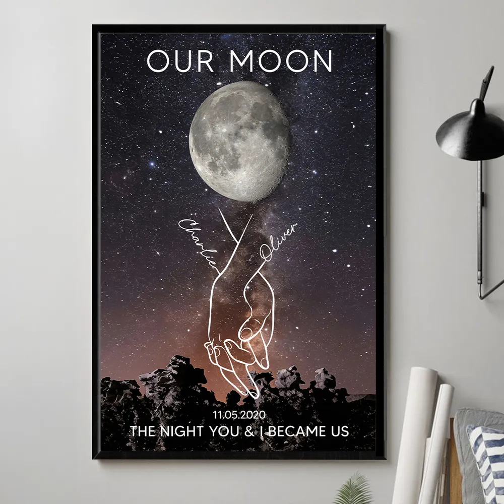 Personalized Moon Phase Poster, Couple Holding Hands Line Art on Starry Sky Wall Art, Unique Romantic Gift - Image 5