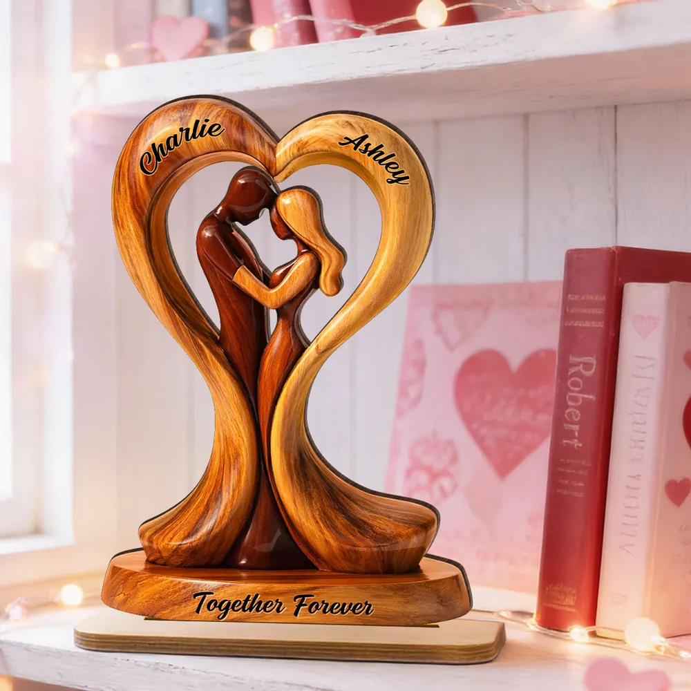 Personalized 2-Layer Wooden Plaque Heart Couple Hugging Together Forever Unique Anniversary Gift for Husband or Wife - Image 2