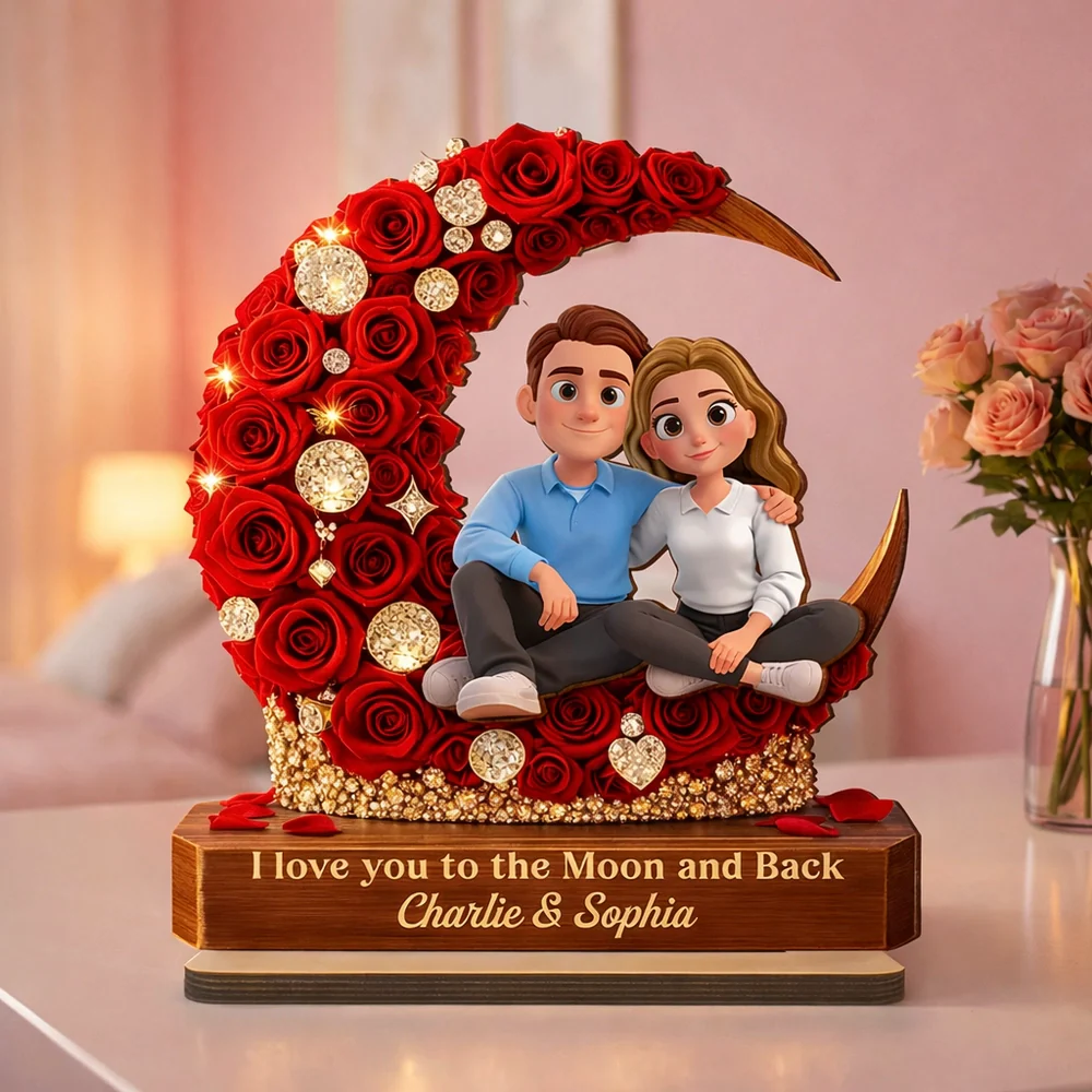 2-Layer Wooden Plaque Custom Couple on Red Rose Crescent Moon Sweet I Love You to the Moon and Back Keepsake Gift for Her or Him