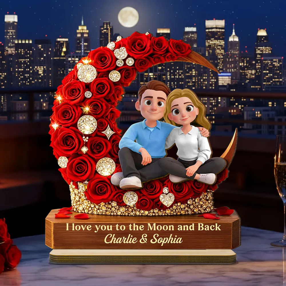 2-Layer Wooden Plaque Custom Couple on Red Rose Crescent Moon Sweet I Love You to the Moon and Back Keepsake Gift for Her or Him - Image 3