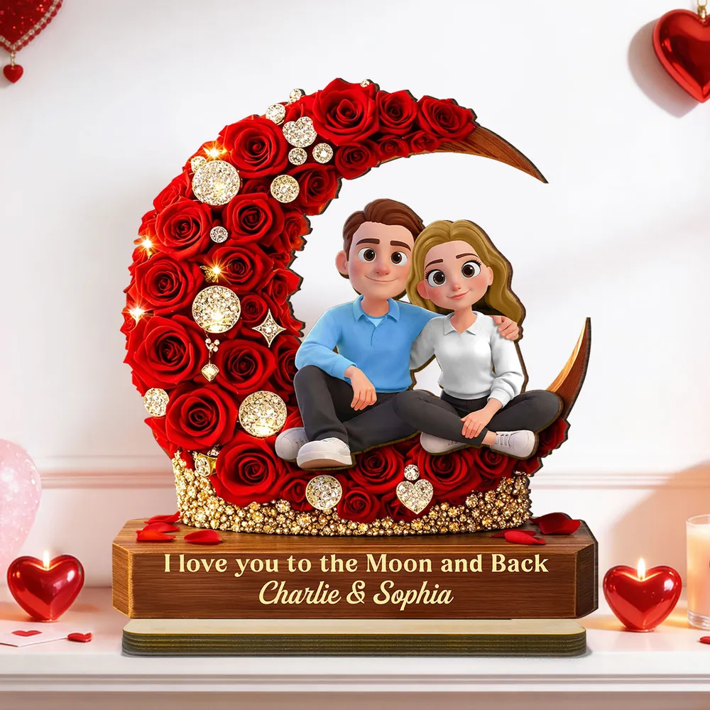 2-Layer Wooden Plaque Custom Couple on Red Rose Crescent Moon Sweet I Love You to the Moon and Back Keepsake Gift for Her or Him - Image 7