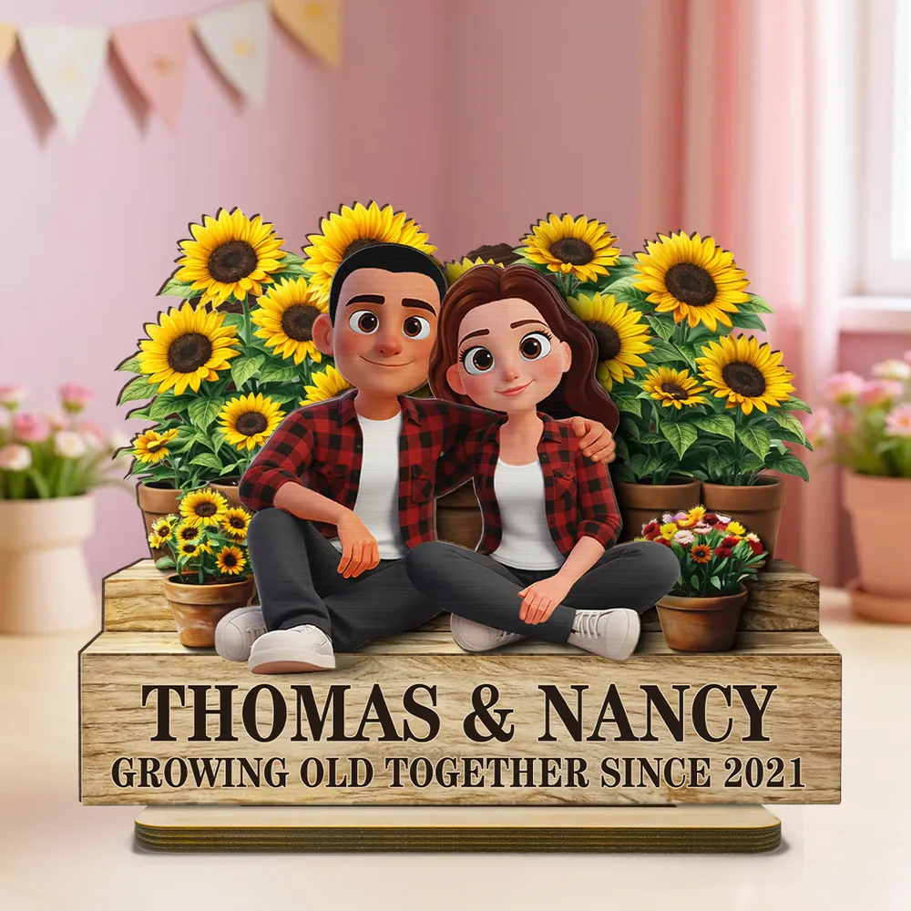Growing Old Together Since 2-Layer Wooden Plaque with Cozy Couple and Sunflowers Unique Anniversary Gift for Him or Her