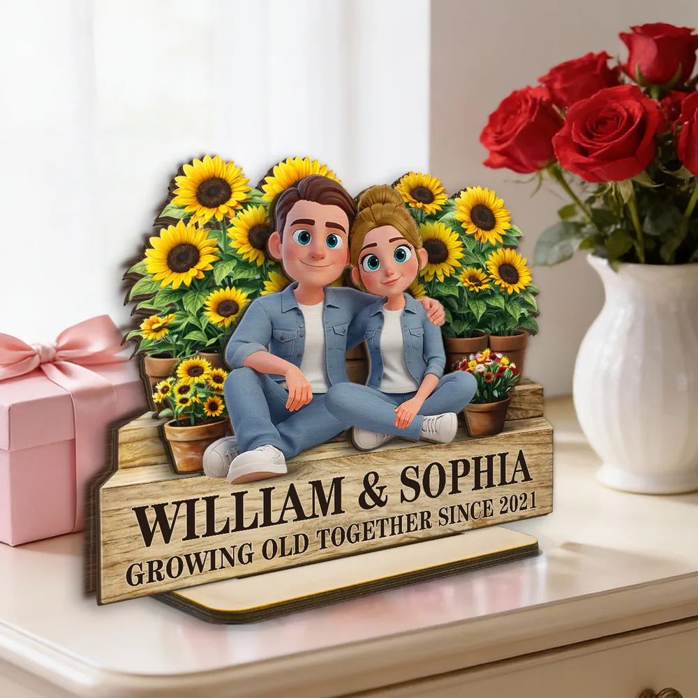 Growing Old Together Since 2-Layer Wooden Plaque with Cozy Couple and Sunflowers Unique Anniversary Gift for Him or Her - Image 3