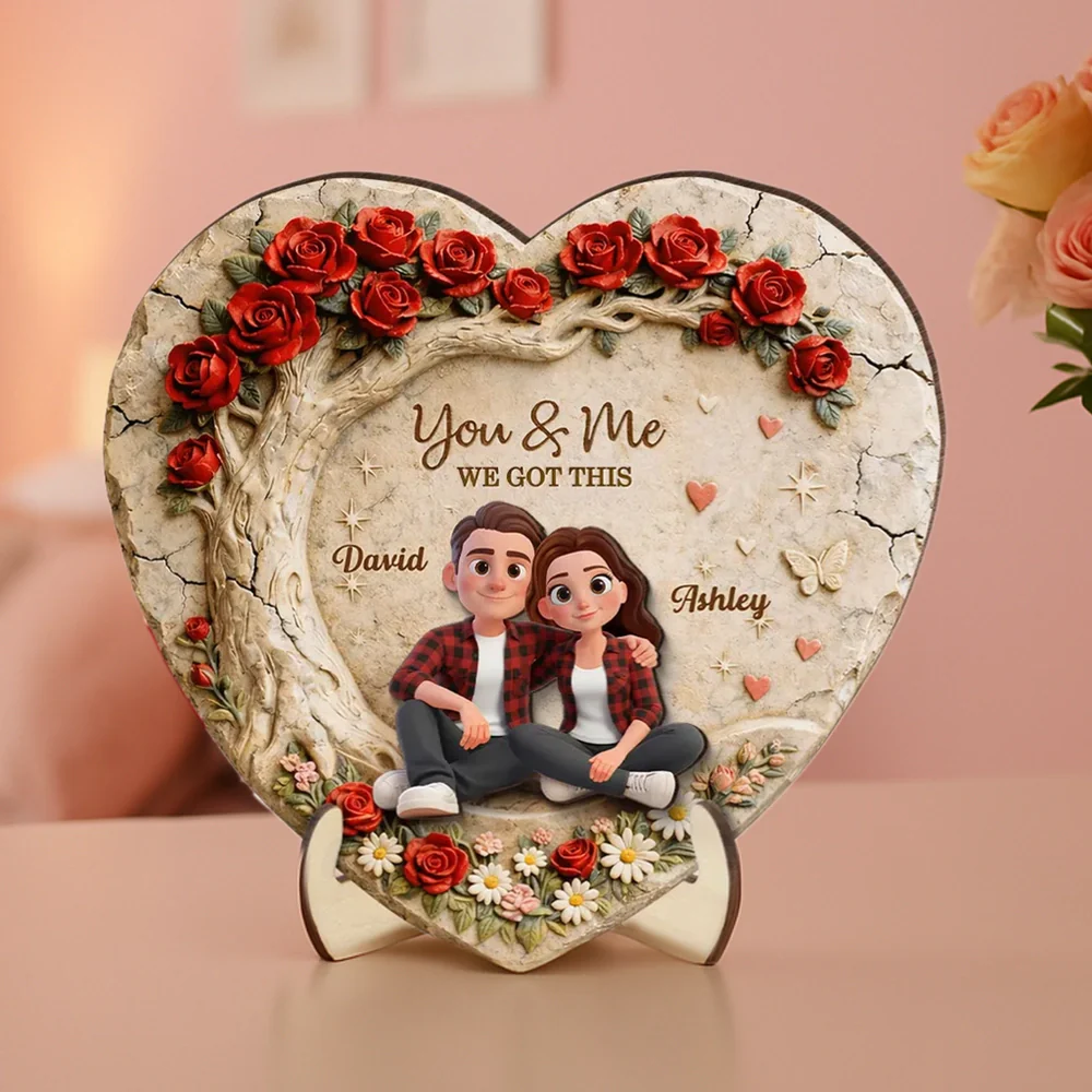 Personalized 2-Layer Wooden Plaque Couple Sitting Together in a Heart Rose Design You & Me Unique Gift for Husband or Wife - Image 2