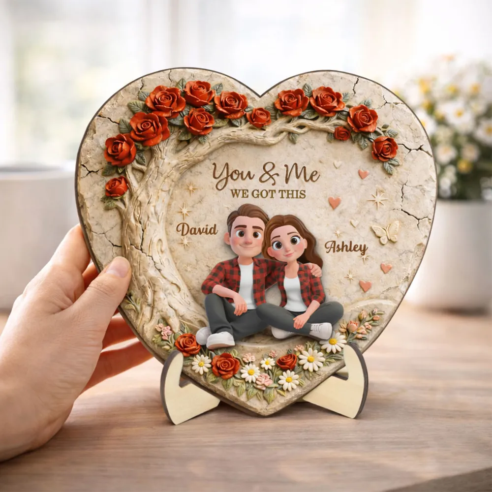 Personalized 2-Layer Wooden Plaque Couple Sitting Together in a Heart Rose Design You & Me Unique Gift for Husband or Wife - Image 8