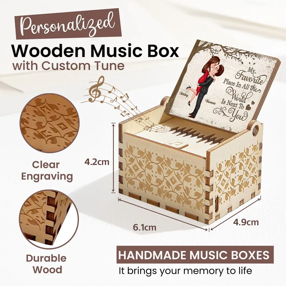 Personalized Wooden Music Box with Kissing Couple and 'My Favorite Place Is Next to You' - Unique Romantic Gift - Image 4