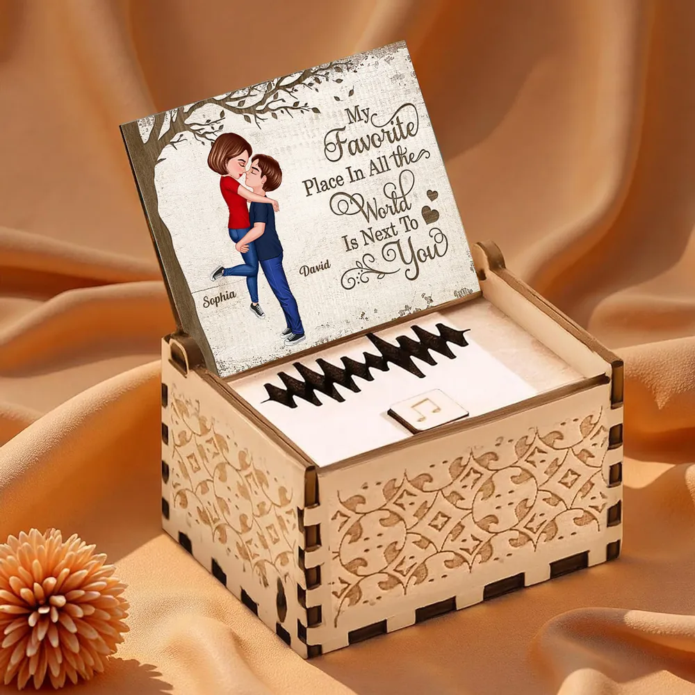 Personalized Wooden Music Box with Kissing Couple and 'My Favorite Place Is Next to You' - Unique Romantic Gift - Image 6