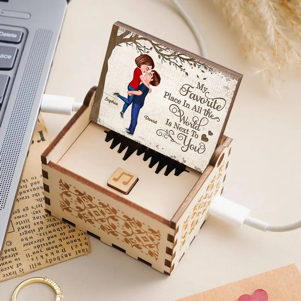 Personalized Wooden Music Box with Kissing Couple and 'My Favorite Place Is Next to You' - Unique Romantic Gift - Image 7
