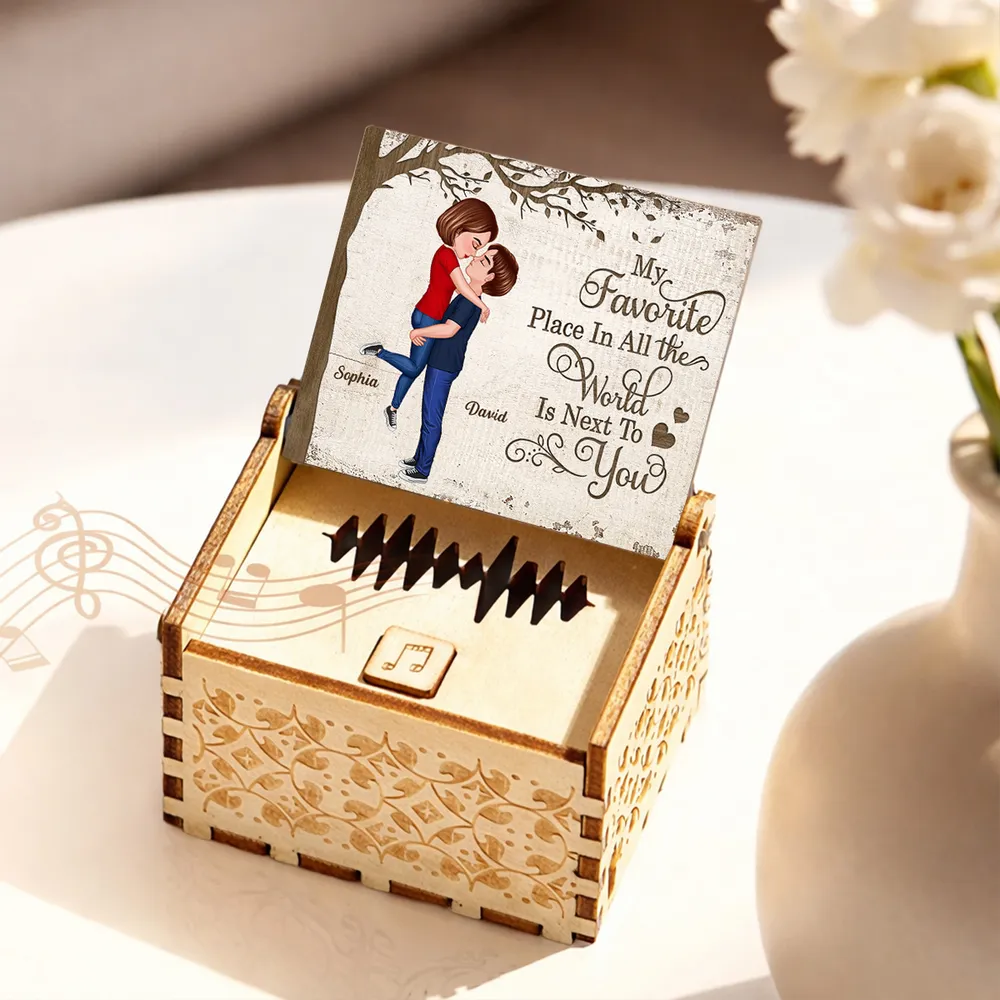 Personalized Wooden Music Box with Kissing Couple and 'My Favorite Place Is Next to You' - Unique Romantic Gift - Image 8