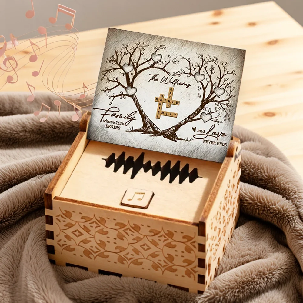 Personalized Wooden Music Box with Heart Tree Crossword Design for Family Keepsake, Unique Gift for Mom Dad Couple