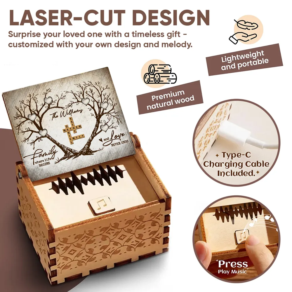 Personalized Wooden Music Box with Heart Tree Crossword Design for Family Keepsake, Unique Gift for Mom Dad Couple - Image 5