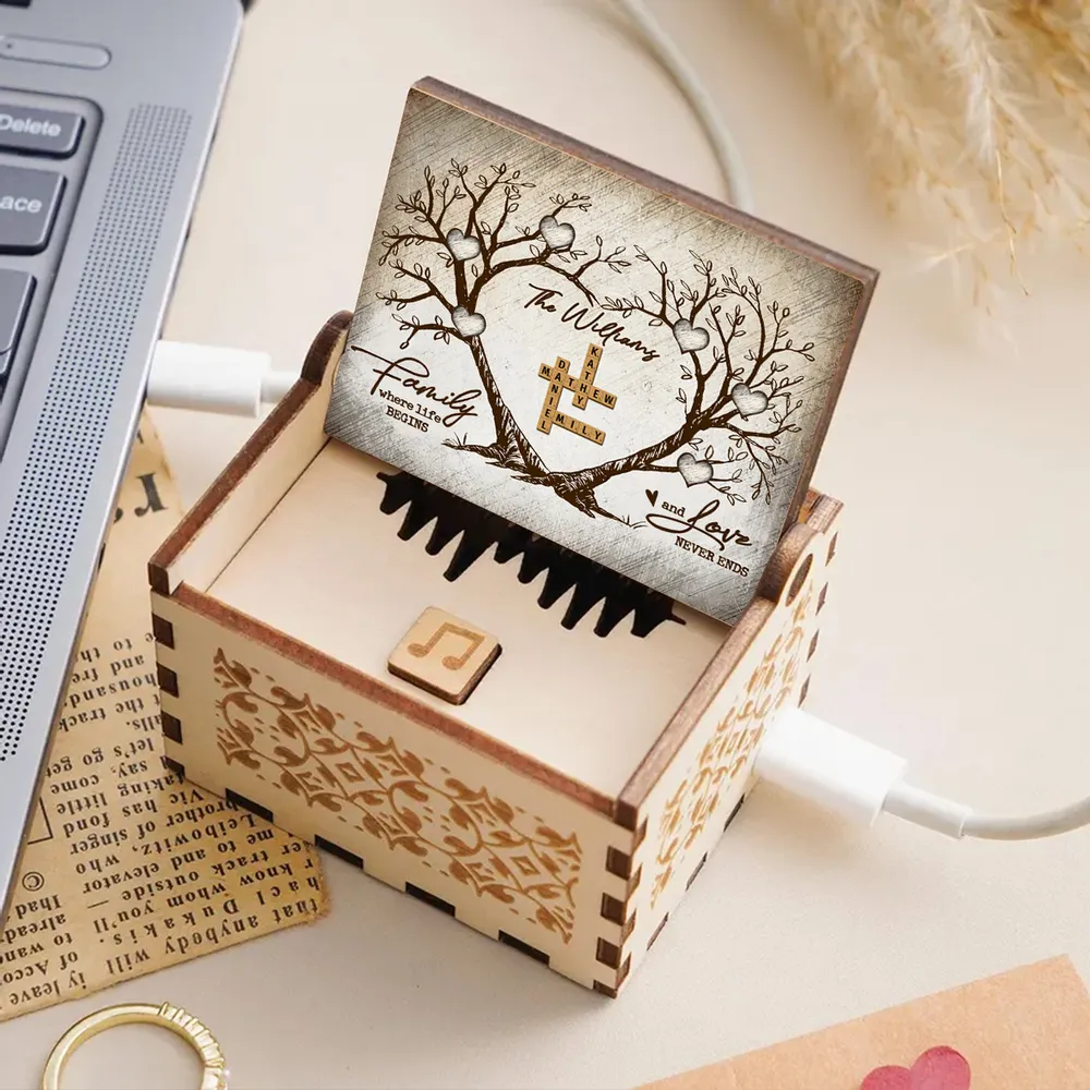 Personalized Wooden Music Box with Heart Tree Crossword Design for Family Keepsake, Unique Gift for Mom Dad Couple - Image 6