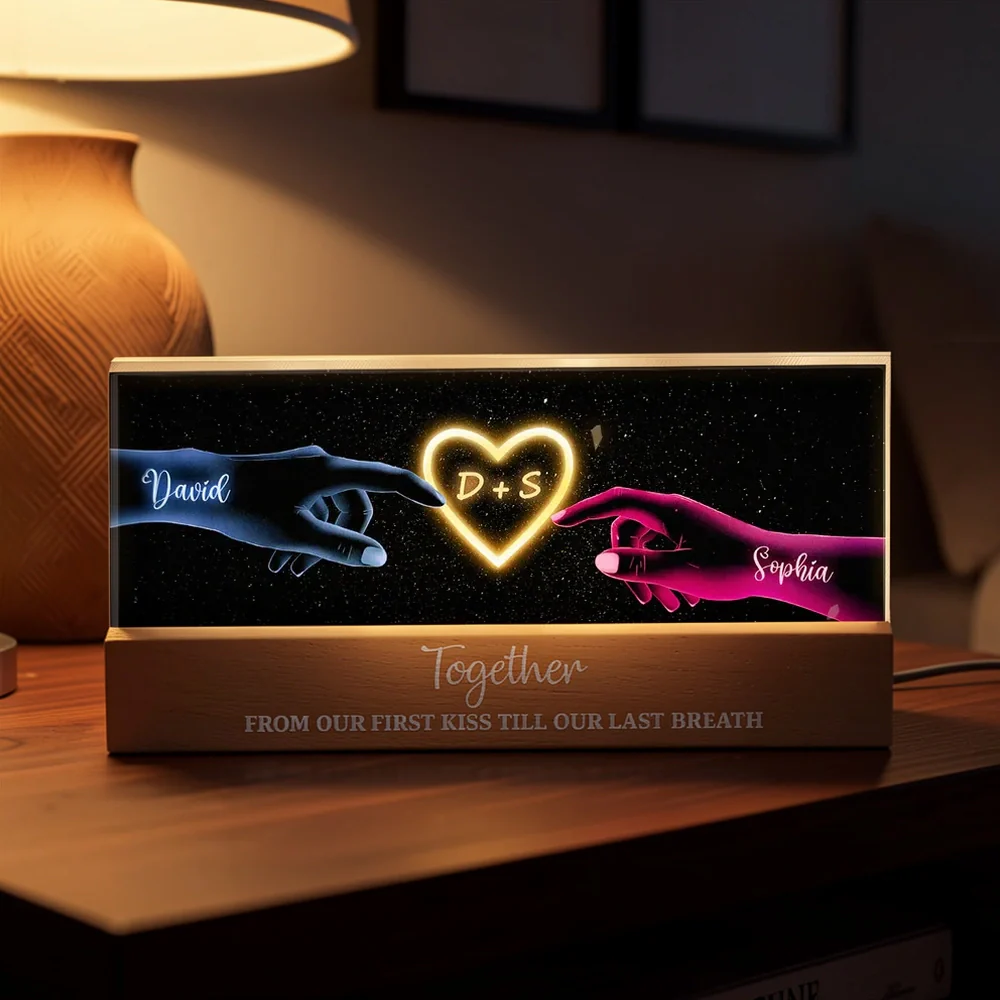 Personalized Block LED Light Plaque with Couple Hands & Glowing Heart, Romantic Bedside Decor, Unique Gift for Couples